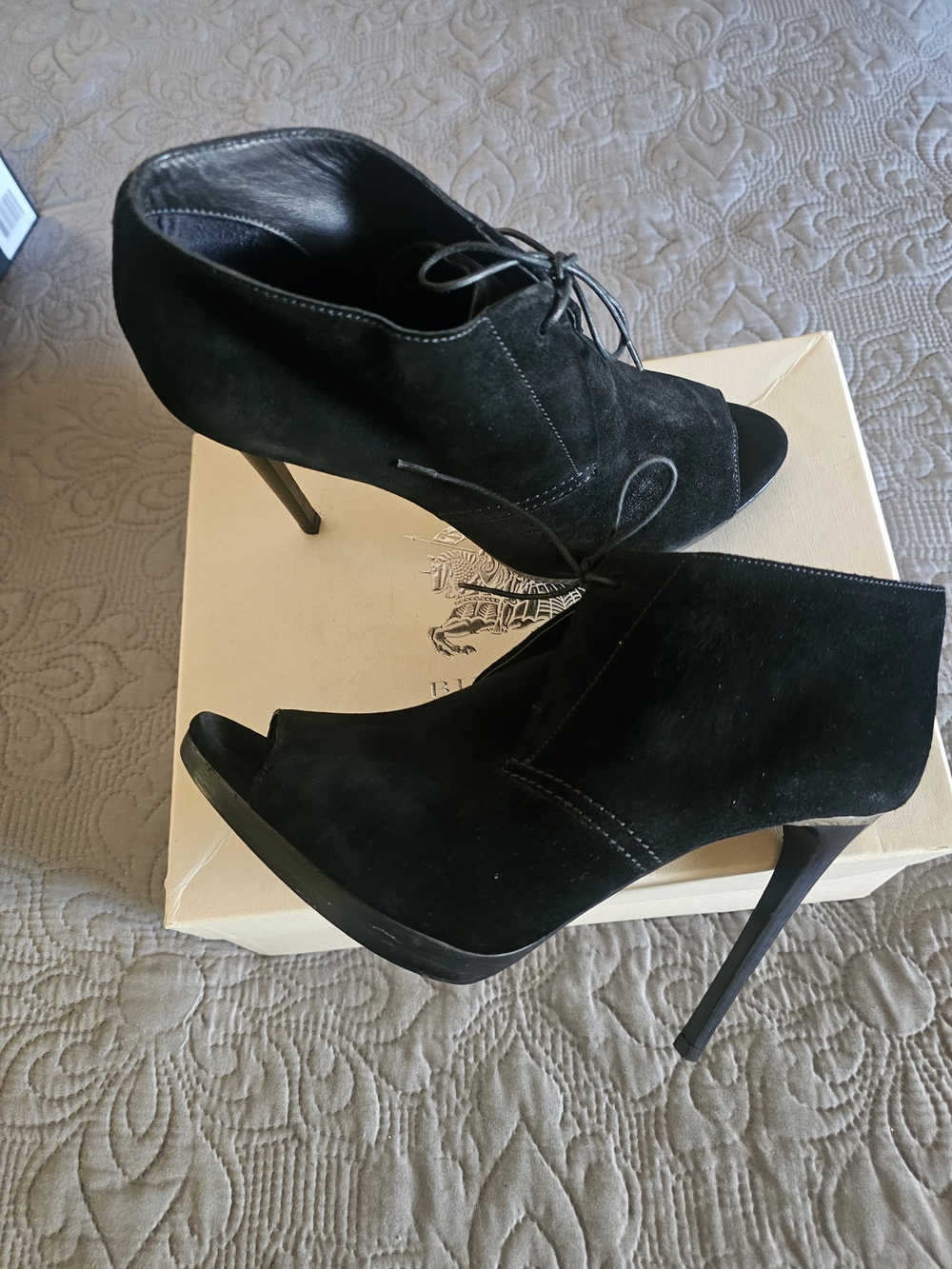 Burberry Black Suede Peep-Toe Lace-Up Ankle Boots